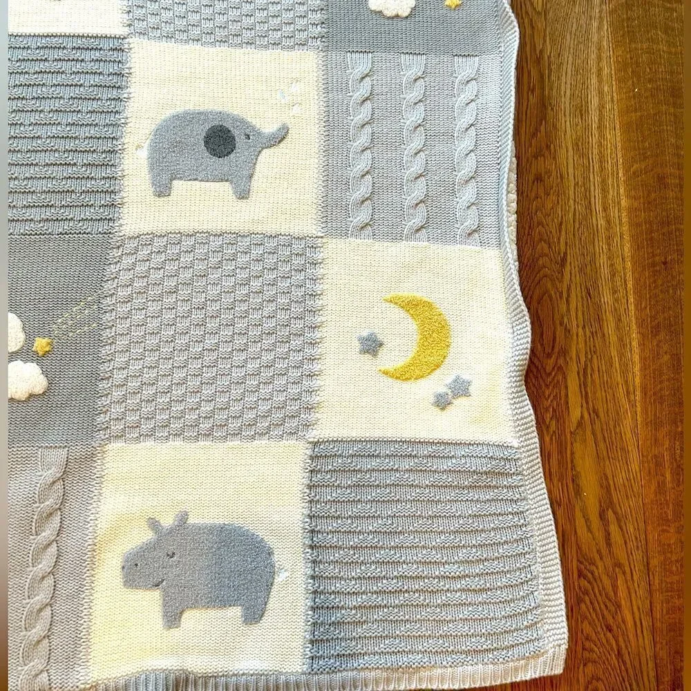 Pottery Barn Heirloom animal hippo elephant Patchwork Baby Blanket Sherpa Back